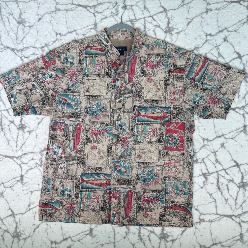 Vintage Sportif Nautical Shirt Men's XL Tan Floral Pink Blue Fishes Seaside